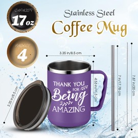 Sumind Thank You Gifts 17 oz Employee Inspirational Stainless Steel Coffee Mugs with Handle Lid Straw for Women Volunteer Teachers(White, Black, Green, Purple,4 Pcs)