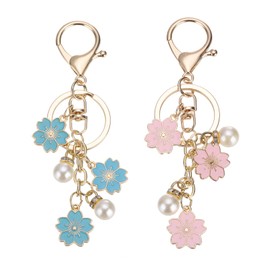 PATIKIL Flower Keychain Charm, Cherry Blossom Enamel Key Chain Cute Floral Keyring Pendant with Lobster Clasp for Women Girls Key Handbag Backpack Bag Accessories, Blue/Pink