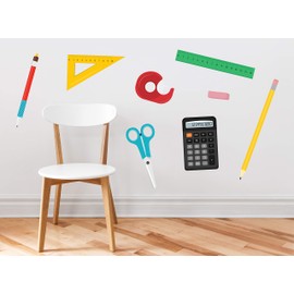 School Supplies Fabric Wall Decals - Set of 8 with Ruler, Scissors, Calculator, Pencil, Pen, Eraser, Triangle, Tape Dispenser - Removable, Reusable, Respositionable