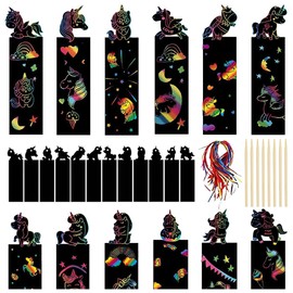 24 Stück Kratzbilder Einhorn, 12 Styles Kratzpapier für Kinder, basteln kindergeburtstag,Scratch Painting mit Stift für DIY Basteln Kindergeburtstag Party Mitgebsel, Regenbogen Scratch Paper