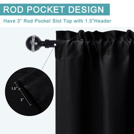 JIUZHEN Black Blackout Valance Short Curtains for Kitchen - Rod Pocket Valances Solid Curtains for Small Window Living Room Bedroom Darkening Bathroom, 42 x 18 Inch Length,2 Panel