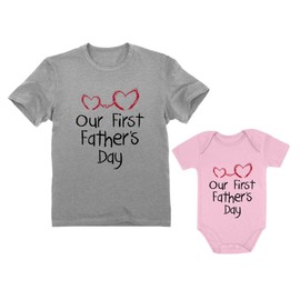 Our First Father's Day Dad & Baby Matching Set Infant Bodysuit & Men's T-Shirt Dad Gray XX-Large/Baby Pink 6M (3-6M)