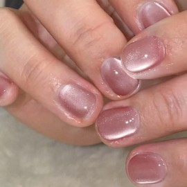 Cat Eye Press on Nails Short Square False Nails with Designs Jelly Pink Artificial Nails Glossy Glitter Fake Nails Crystal Glass Cute Reusable Summer Glue on Nails for Women Girls Manicure 24Pcs