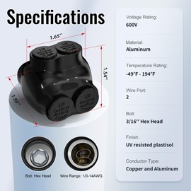RVBOATPAT 2 Port Insulated Multi Tap Connector 1/0-14 AWG Splice Electrical Power Connector Dual Entry 3/16" Allen Hex Aluminum Wire Connector - 6 Pack