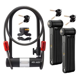 Via Velo 3-in-1 Bike Lock Set, Heavy Duty Steel Folding Lock, 11" U-Lock, 6" Cable, for Electric Bikes and Scooters