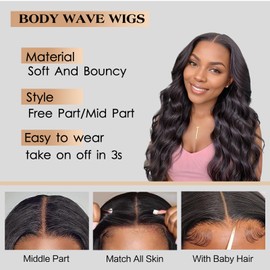 LNW Glueless Wigs Human Hair Pre Plucked Pre Cut 200 Density 5x5 HD Lace Closure Wigs Human Hair for Women Body Wave Lace Front Wigs for Beginners Ready to Go Wig (Natural Black Color, 34 Inch)