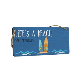 Surfing Beach Plywood Hanging Sign - Idea for Couples, Mum, Dad - Positive Message: Life's a Beach, Ride the Waves - Sign for Bedroom, Kitchen, Living Room - Home Decor (smlsgn-ds23-ridewave)