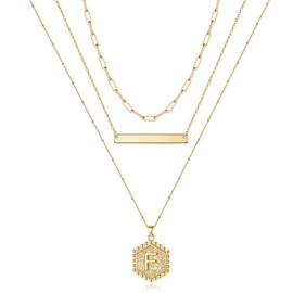 Turandoss Collares con iniciales en capas de oro para mujer, collar de barra chapado en oro de 14 quilates, collar hecho a mano, con colgante de letra hexagonal, collar en capas para mujer, joyería de oro, regalos, Metal, no conocido