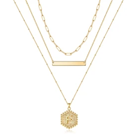 Turandoss Collares con iniciales en capas de oro para mujer, collar de barra chapado en oro de 14 quilates, collar hecho a mano, con colgante de letra hexagonal, collar en capas para mujer, joyería de oro, regalos, Metal, no conocido