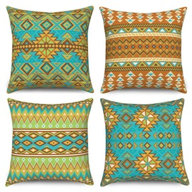 Yanutan Throw Pillow Covers, Colorful Boho Decorative Velvet Pillow case, Vintage Ethnic Pattern Bohemian 4-Pack Double-Side Printed Pillowcases for Sofa Home Living Room,Teal, 18x18 in