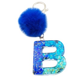 Xsclpomddy Initial Letter Resin Alphabet Key Rings with Fur Ball Pom pom keychains for Wallet Backpack Handbags Women Girls,B
