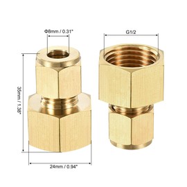 sourcing map Compression Tube Fitting G1/2 Female Thread x 8mm Tube OD Straight Coupling Adapter Brass