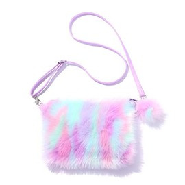 Newfancy Women Girls Kids Fluffy Fuzzy Bag Plush Tie Dye Rainbow Crossbody Purse Wallet, Purple, One Size