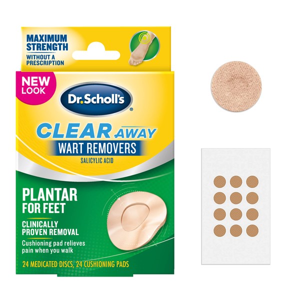 Dr. Scholl’s Clear Away Plantar Wart Remover for Feet, 24 Medicated Discs & 24 Cushioning Pads // Maximum Strength Without A Prescription