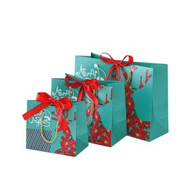 Christmas Gift Bags available in Small, Medium, Large sizes -Set of 10, Green Paper Bag with Red Poinsettias shaped Reindeer Design (Medium - 10x8x5 inches)