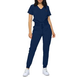 Monarch Uniforms Slim Fit Stretchy Scrubs Women's Jogger Scrub Set Slim Jogger Scrubs with Tuck-In Top for Women (NAVY BLUE-L)