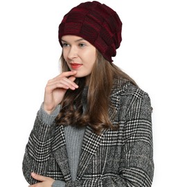 DonDon Mütze Damen Wintermütze Slouch Beanie Strickmütze mit warmen Fleece Innenfutter dunkelrot schwarz