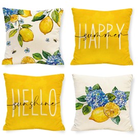 Tikeciti Spring Summer Lemon Pillow Covers Blue Hydrangea 18 x 18 Inch Throw Pillows, Hello Sunshine Decorative Farmhouse Cushion Case for Sofa Couch Set of 4