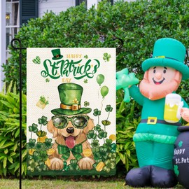 YOVOYOA Golden Retriever St. Patricks Day Garden Flag 12x18 Double Sided, St Patricks Day Clovers Dog Yard Flag, Burlap Welcome Spring Holiday Flag for Patio Porch Farmhouse Outdoor Decor