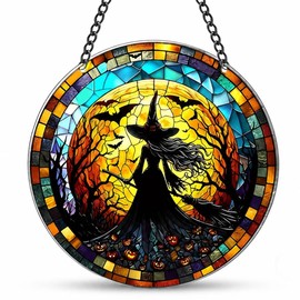 Sun Catchers For Windows, Moon & Witch Gothic Stained Glass Ornament (20cm)