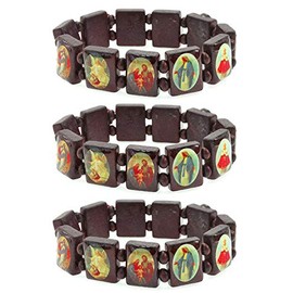 PURPLE WHALE Unisex Wooden Panel Stretchable Bracelet with Assorted Images of Saints, Jesus, Rosary | Adjustable Bracelet | Ideal Catholic Jewelry Gift (Reddish Brown)