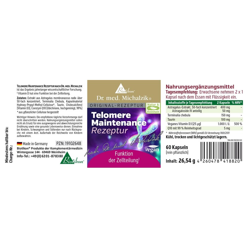 Telomere Maintenance Formula Dr. Michalzik - With Astragaloside IV, Terminalia