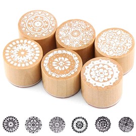 Pack of 6 Wooden Rubber Stamps, Wooden Craft Stamp Set, Vintage Different Floral Wooden Stamps, Round Wooden Retro Motif Stamps, Rubber Stamps, for Stamps, DIY Scrapbooking and Card Making Decoration