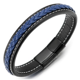 Men Women Blue Black Braided Leather Bracelet Bangle with White Stitches Steel Black Magnetic Clasp(CA)