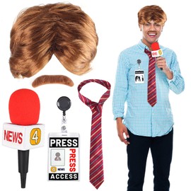 Yewong - Juego de accesorios para disfraz de reportero de noticias para adultos, incluye peluca café de los años 70 con bigote, corbata, accesorio de micrófono, pase de prensa para Halloween fiesta de