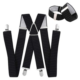 axy braces with sleeve holder set for men, 4 stable clips, X shape, wide, 3.5 cm, sleeve holder, adjustable and elastic. - Black and white dots set.
