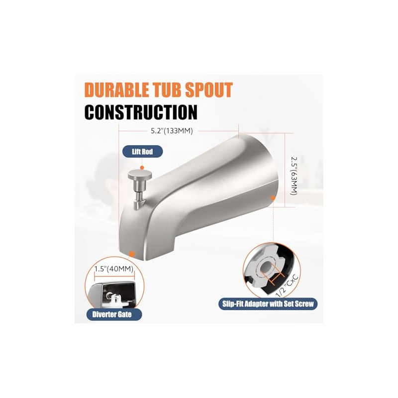 Universal Bathtub Tub Spout with Diverter, Fits 1/2" Slip-Fit Copper