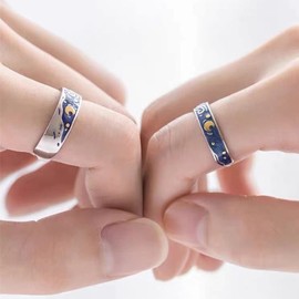 Promise Ring for Couples Matching Couples Rings Sun and Moon Rings for Him and Her Adjustable Heartbeat Couple Rings for Boyfriend Girlfriend Gifts for Wedding Valentine's Day Christmas (Style C-Starry Night)