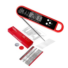 Instant Read Digital Meat Thermometer with Backlight LCD Screen, Foldable Long Probe for Cooking, BBQ, Grilling, Candy, Milk & Water (Red)