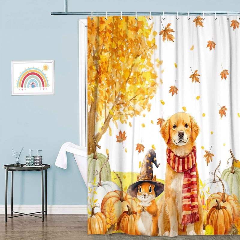 Fall Shower Curtain, Autumn Thanksgiving Pumpkin Cute Dog Squirrel Harvest