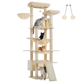 MUTTROS 81" Heavy Duty Cat Tree for Large Cats up to 20lbs - Extra Tall Cat Tower with Metal Frame Hammock, 6 Sisal Scratching Posts, 2 Perches - Indoor Cat Furniture for Maine Coon, Big Cats, Beige