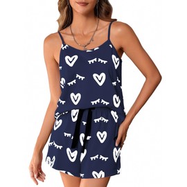 GORGLITTER Women's 2 Piece Heart Print Summer Pajama Set Scoop Neck Sleeveless Cami Tops and Shorts Loungewear Dark Blue Large
