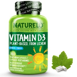 NATURELO NATURELO Vitamin D - 2500 IU - Plant Based from Lichen - Natural D3 Supplement for Immune System, Bone Support, Joint Health - Vegan - Non-GMO - Gluten Free - 180 Capsules