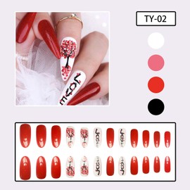 Press on Nails Hearts Red 24Pcs Artificial Glossy Full Cover Almond Red Fake Nails with Valentine's day Designs Acrylic Medium False Nails with Glue Stick on Fingernails for Women Girls