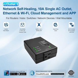 ezOutlet5 IP Enabled Remote Power, Ping Auto Reboot, Single Outlet, 10A Fuse, WiFi & LAN, Cloud & APP.