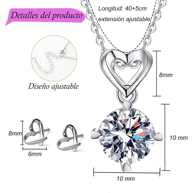 Collar y Aretes Plata de Mujer con Dije Corazón, Joyeria