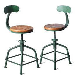 Topower Farmhouse Kitchen Stool, Industrial Counter Stool, Kitchen Deco Round Seat Standard Height Adjustable Swivel Bar Stools with Backrest Indoor House Design Iron Backrest Antique Green Set of 2