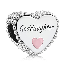 EZ Tuxedo Goddaughter Heart Charms 925 Sterling Silver Bead with Pink Enamel for Bracelets