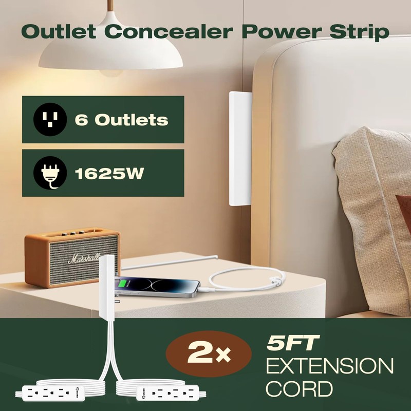 Saker Outlet Concealer Power Strip | 10ft Flat Plug Extension