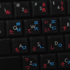 KOREAN - JAPANESE HIRAGANA KEYBOARD LABELS ON TRANSPARENT BACKGROUND with RED & BLUE LETTERING (14X14)