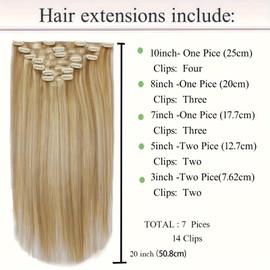 HILYN Clip in Human Hair Extensions, 120g Clips Light Brown Highlighted Platinum Blonde Real Human Straight Thick Silky Hair Clip in Extensions 7 PCS/Pack 20 Inch Clip in Hair Extensions for Women