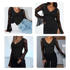 FeelinGirl Womens Lace Bodysuit Tummy Control Long Sleeve Black Bodysuit Bell Sleeve Tops V Neck Shaper Lace Body Suits