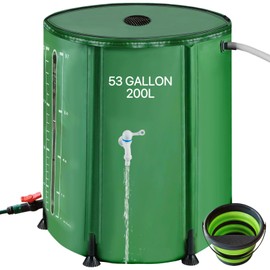 53Gallon/200L Rain Water Collection Barrel, Portable PVC Rain Barrels to Collect Rainwater from Gutter, Large Capacity Rainwater Collection System with Water Level for Garden Water Catcher, Green