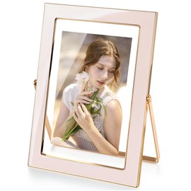 Axeman 4x6 Gold Floating Frame Pink Enamel Picture Frame with Metal Edge for 3.5x5, 2x3 up to 4x6 Photo Double Glass Floating Picture Frame for Desk Tabletop Shelf Vertical Display