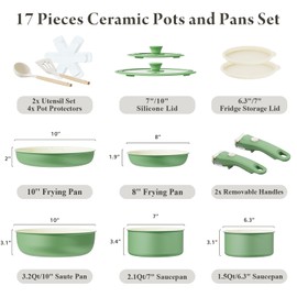 Bazova Ceramic Nonstick Cookware Set, Healthy,Non Toxic,17-Pieces Pots and Pans Set Removable Handles,Induction RV Kitchen Set,Stain & Scratch-resistant,Dishwasher/Oven Safe,PFAS/PFOA Free,Green