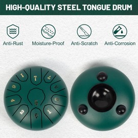 LOMUTY Steel Tongue Drum 6 Inch, C Major 11 Notes Handpan Drum, Rain Drum for Garden, Steel Drum Drummer Gifts for Sound Healing, Meditation, Music Education, Yoga, Green
